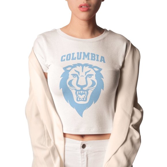 Team Fans Tops - NEW Columbia University Lions Big Logo Wordmark Form Fit Crop Top Shirt WHITE